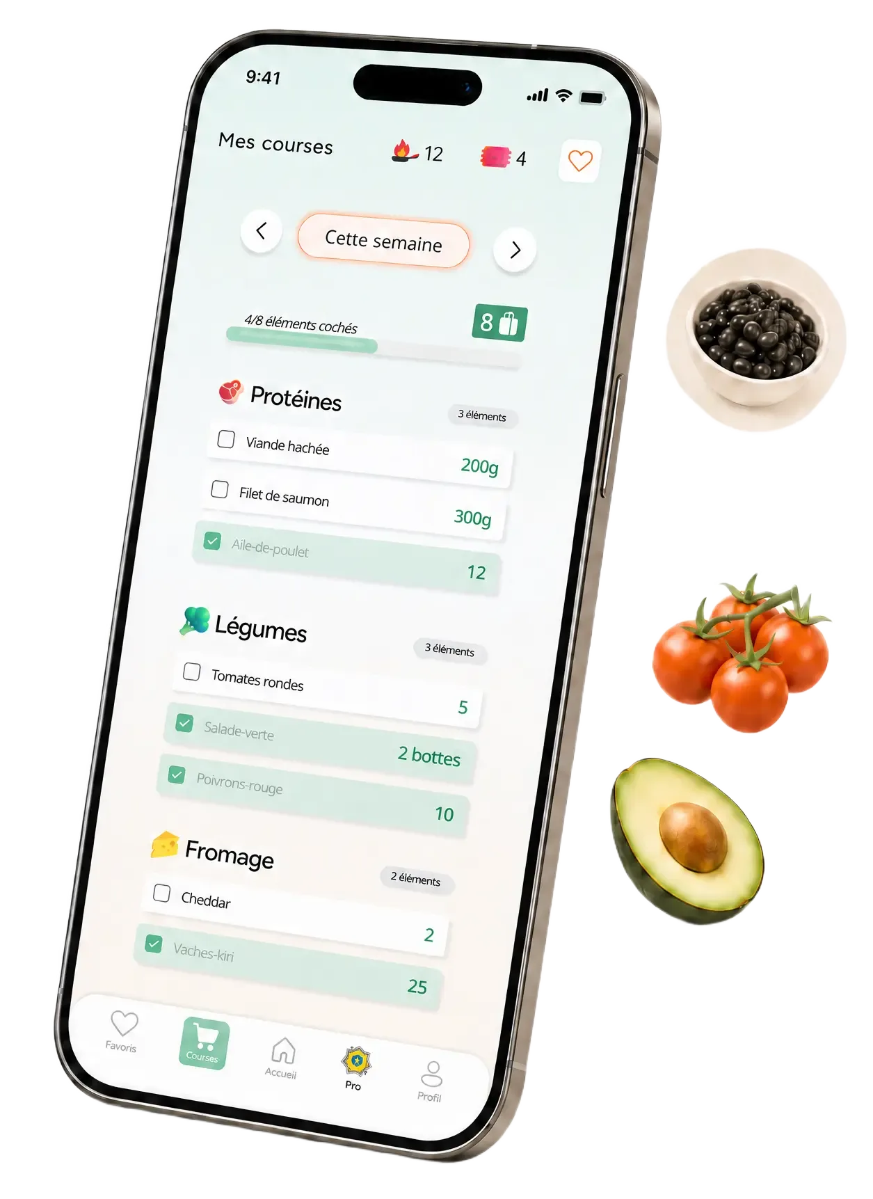Liste de courses générée automatiquement par AsCook, ingrédients regroupés et quantités optimisées